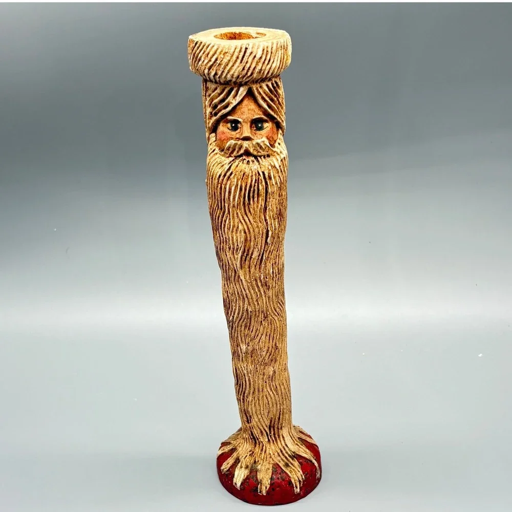 Carved Wood Folk Art Santa Claus Candle Holder Primitive Rustic Sculpture‎ Decor